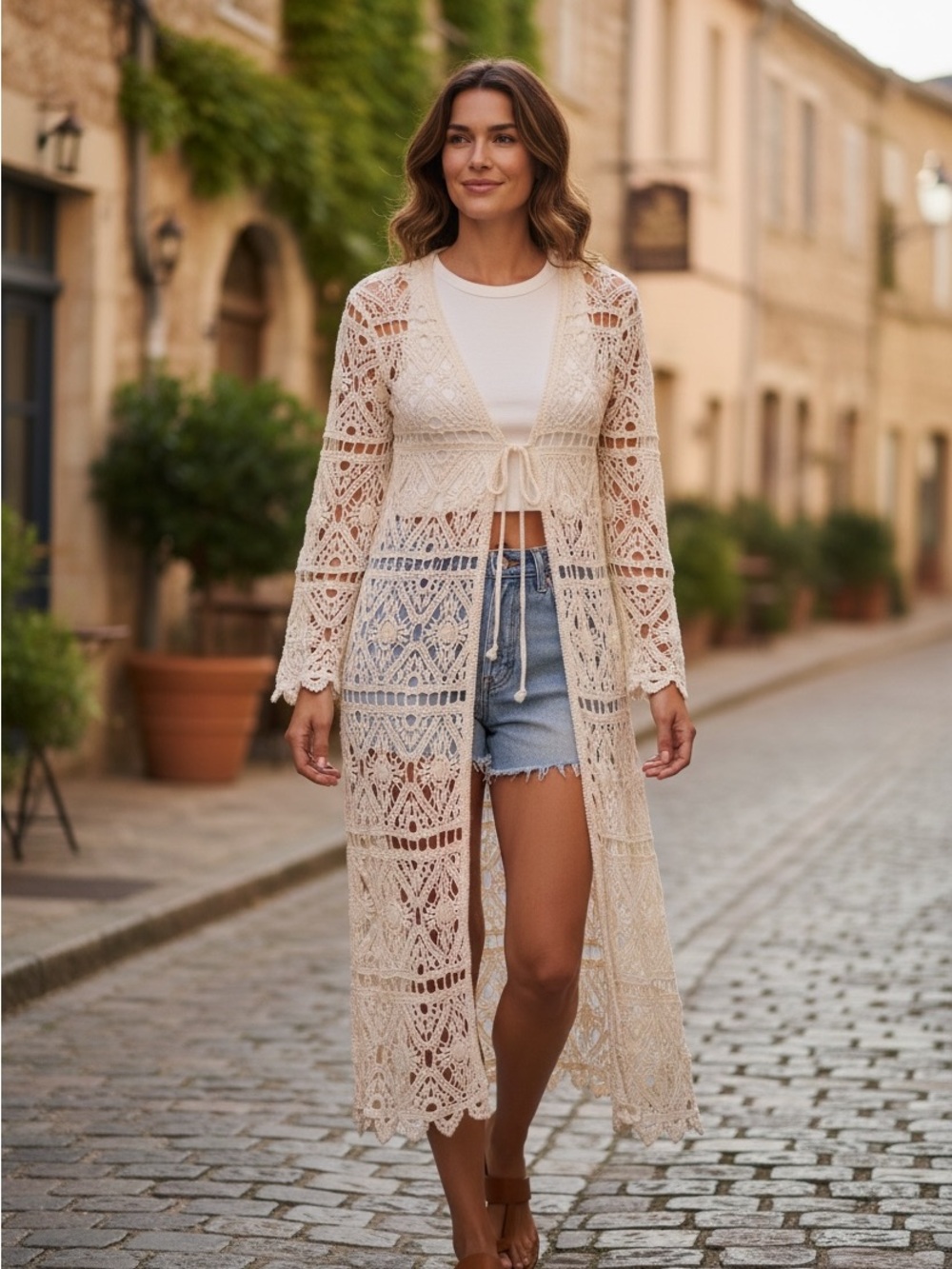 Belldini vintage bohemian-style crochet longline duster cardigan.